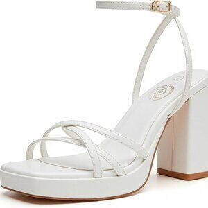 White Heels Women Square Toe 3 Inch Platform Strappy Block Ankle Shoes